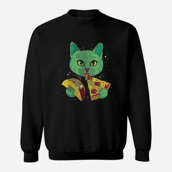 Funny Galaxy Cat Eat Pizza And Taco Outer Space Kitten Sweat Shirt - Seseable