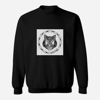 Geometrisches Wolf Design Unisex Sweatshirt, Schwarzes mit Ornament-Rahmen - Seseable