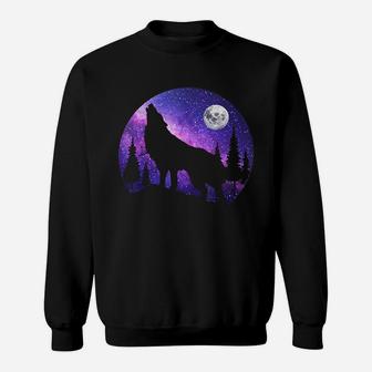 Howling Wolf Under The Full Moon With Purple Galaxy Sky Sweat Shirt - Seseable