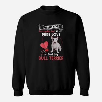 I Asked God For Loyalty And Pure Love He Sent My Bull Terrier Funny Dog Lovers Sweatshirt - Seseable