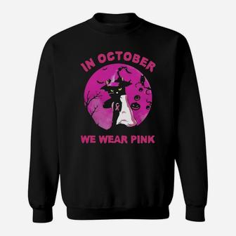 In October We Wear Pink Cat Sunset Halloween Sweat Shirt - Seseable