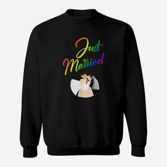 Just Married Double Bride Lesbian Couple Rainbow Color Sweatshirt - Seseable