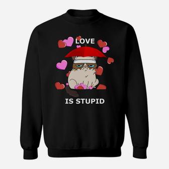 Love Is Stupid Valentines Cat Angry Miserable Grumpy Sweat Shirt - Seseable