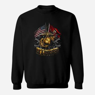 Marine Corps Double Flag Gold Globe Marine Corps Sweat Shirt - Seseable