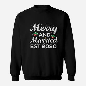 Merry And Married Est 2020 Newlywed Husband Wife Christmas Sweat Shirt - Seseable