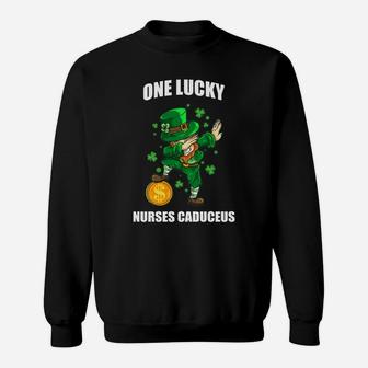 One Lucky Nurses Caduceus St Patrick Day Dabbing Leprechaun Matching Gift Job Title Sweat Shirt - Seseable