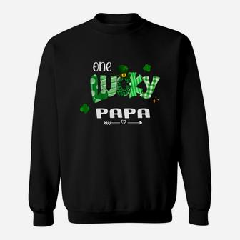 One Lucky Papa Shamrock Leopard Green Plaid St Patrick Day Family Gift Sweat Shirt - Seseable