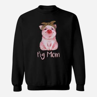 Pig Mom Leopard Messy Bun Mothers Day Gift Sweat Shirt - Seseable