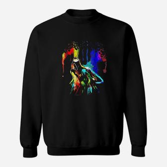 Rainbow Color Neon Light Sky Howling Wolf Drawing Sweatshirt - Seseable