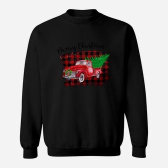 Red Truck Merry Christmas Holiday Christmas Tree Red And White Plaid Sweatshirt - Seseable
