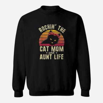 Retro Vintage Rockin' The Cat Mom And Aunt Life Mothers Day Sweat Shirt - Seseable