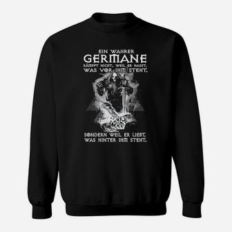 Schwarzes Sweatshirt mit Germanen-Motiv, Spruch Ein wahrer Germane - Seseable