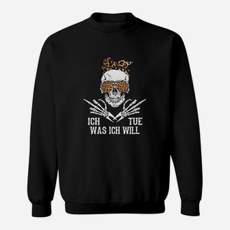 Schwarzes Totenkopf mit Krone Sweatshirt - Ich Tue Was Ich Will Design - Seseable