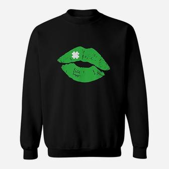 St Patricks Day Women Green Lipstick Shamrock Kiss Sweat Shirt - Seseable