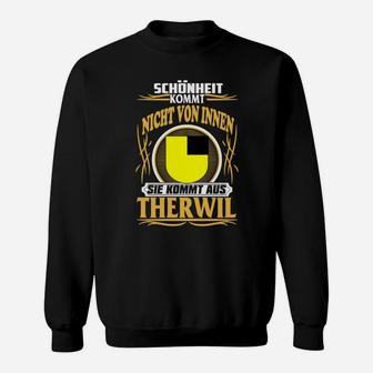 Therwil Slogan Schwarzes Sweatshirt, Gelber Aufdruck - Schönheit aus Therwil - Seseable
