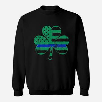 Thin Blue Line Irish Shamrock St Patrick Day Sweat Shirt - Seseable