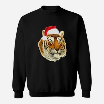 Tiger With Santa Hat Funny Christmas T-shirt Sweat Shirt - Seseable