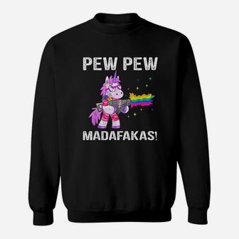 Unicorn Pew Pew Madafakas Vintage Crazy Cat Funny Graphic Sweat Shirt - Seseable