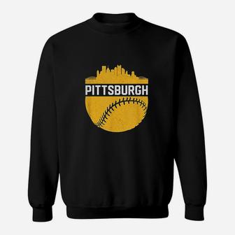 Vintage Downtown Pittsburgh Pa Skyline Baseball Sweat Shirt - Seseable