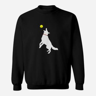 White German Shepherd Dog Gsd Catching Yellow Tennis Ball Sweat Shirt - Seseable
