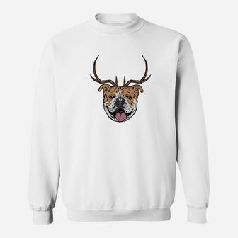 Bulldog Dog Reindeer Antlers Funny Christmas Gift Sweat Shirt - Seseable