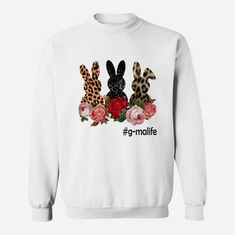 Cute Bunny Flowers G-ma Life Happy Easter Sunday Floral Leopard Plaid Women Gift Sweat Shirt - Seseable