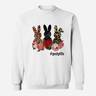 Cute Bunny Flowers Gadgi Life Happy Easter Sunday Floral Leopard Plaid Women Gift Sweat Shirt - Seseable