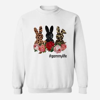 Cute Bunny Flowers Gammy Life Happy Easter Sunday Floral Leopard Plaid Women Gift Sweat Shirt - Seseable