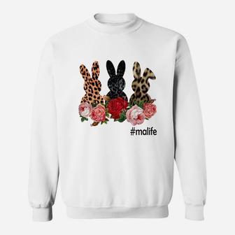Cute Bunny Flowers Ma Life Happy Easter Sunday Floral Leopard Plaid Women Gift Sweat Shirt - Seseable