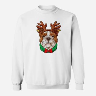 English Bulldog Christmas Shirt Reindeer Antlers Dog Girls Sweat Shirt - Seseable