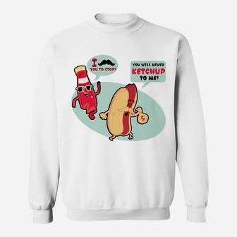 Hot Dog Ketchup Mustache Chasing Humor Funny Food Sweat Shirt - Seseable