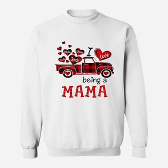 I Love Being A Mama Red Plaid Truck Heart Sweat Shirt - Seseable