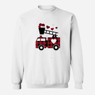 Kids Fire Truck Buffalo Plaid Valentines Day Mom Dad Son Sweat Shirt - Seseable