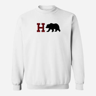 Letter H Monogram Bear Buffalo Plaid Christmas Sweat Shirt - Seseable