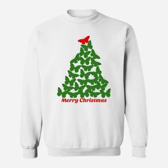Merry Christmas Butterfly Tree Short Sleeve Sweat Shirt - Seseable