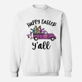 Purple Truck With Bunnies Leopard Happy Easter Sweat Shirt - Seseable