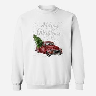Red Truck Christmas Tree Vintage Red Pickup Truck Tee Sweat Shirt - Seseable
