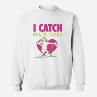 Softball Dad Mom I Catch She Pitches Sweat Shirt - Seseable