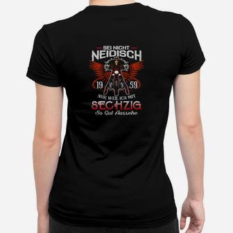Schwarzes Frauen Tshirt zum 60. Geburtstag, Motorrad & Flügel Design, Sei nicht neidisch - Seseable