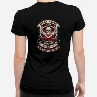 Totenkopf Biker Frauen Tshirt mit Spruch, Schwarzes Motorrad Tee - Seseable