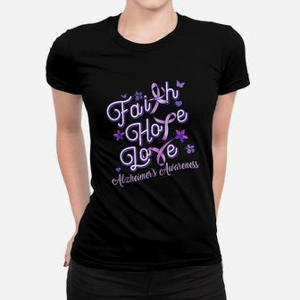 Alzheimers Awareness Purple Ribbon Products Faith Hope Love Ladies Tee - Seseable