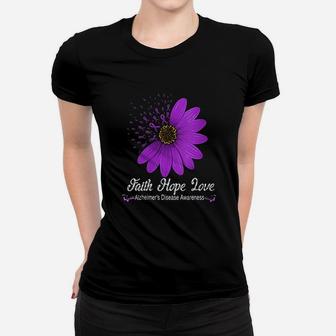 Alzheimer's Disease Awareness Faith Hope Love Purple Ribbon Ladies Tee - Seseable