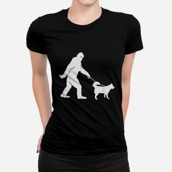 Bigfoot Sasquatch Walking Husky Dog Lovers Gift Ladies Tee - Seseable