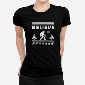 Bigfoot Sasquatch Yeti Believe Funny Christmas Ladies Tee - Seseable