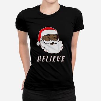Black African American Christmas Santa Believe Ladies Tee - Seseable