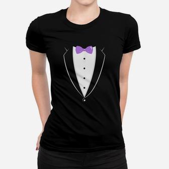 Black And White Tuxedo With Lavender Bow Tie Ladies Tee - Seseable