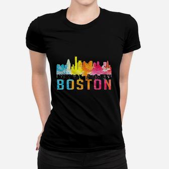 Boston Massachusetts Retro Watercolor Skyline Ladies Tee - Seseable