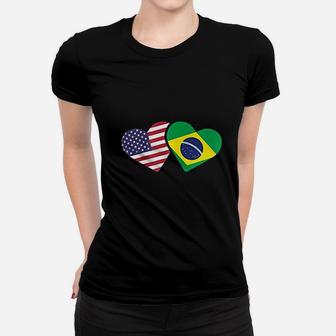 Brazil Usa Flag Heart Brazilian Americans Love Cute Ladies Tee - Seseable