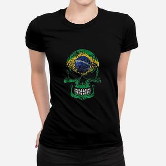Brazilian Flag Skull Brazil Skull Distressed Women T-shirt - Seseable