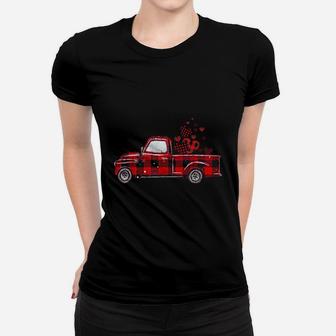 Buffalo Red Plaid Hearts Vintage Truck Cute Valentine's Day Ladies Tee - Seseable